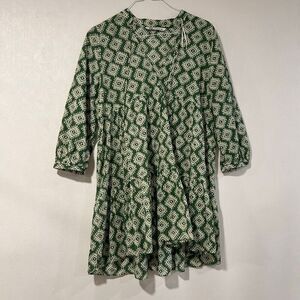 Zara Green Geometric Print Boho Mini Dress Long Sleeve Size L